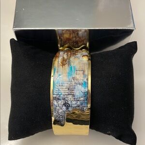 Gold and Blue Abstract Cuff Bracelet